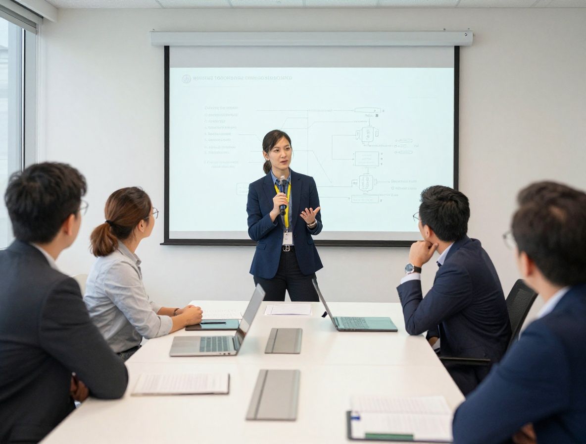 Команда исследователей в области ИИ обсуждает архитектуру нейронной сети у доски в светлом современном офисе в Чикаго