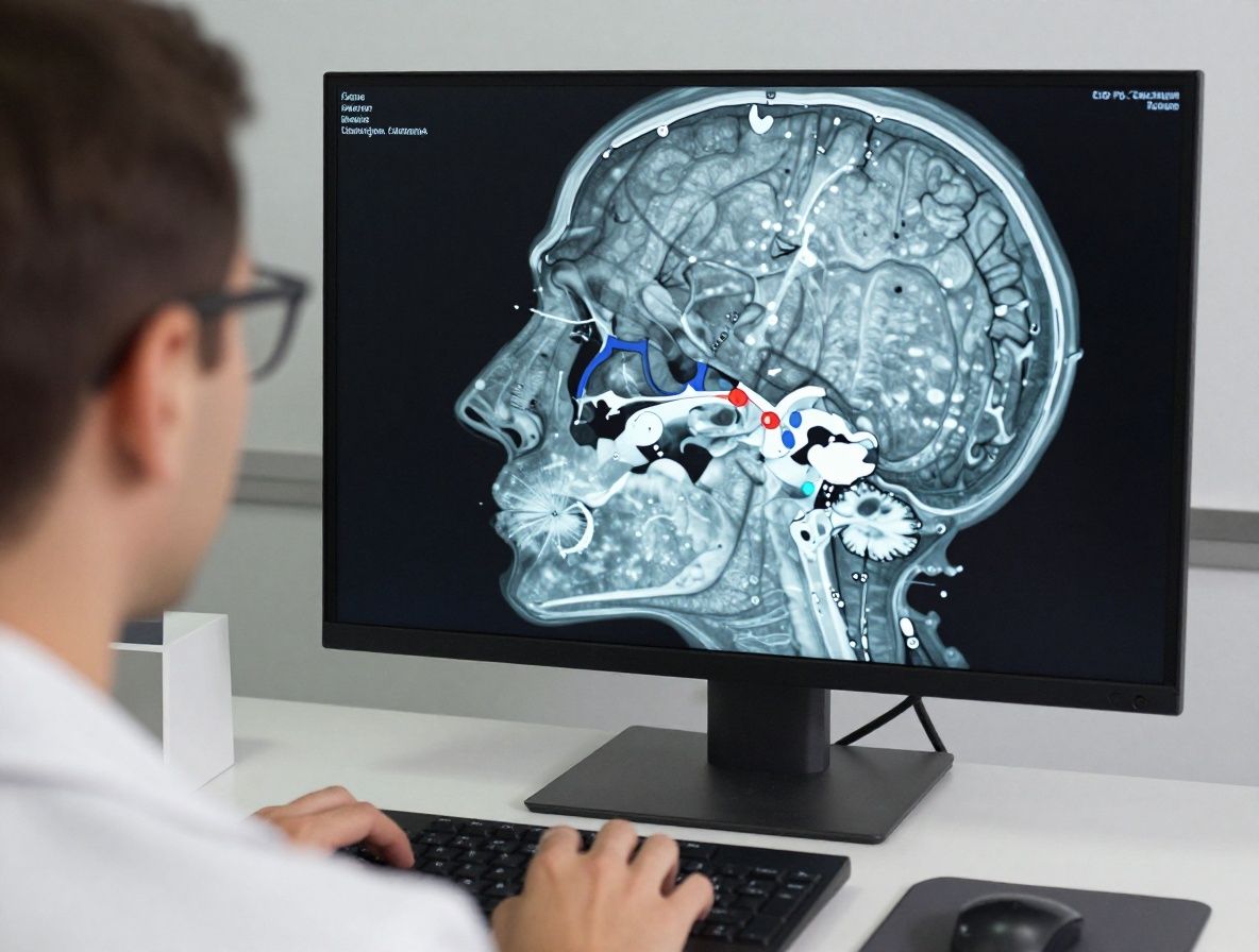 Система компьютерного зрения анализирует медицинский МРТ-снимок мозга, интерфейс показывает сегментацию тканей и прогноз модели