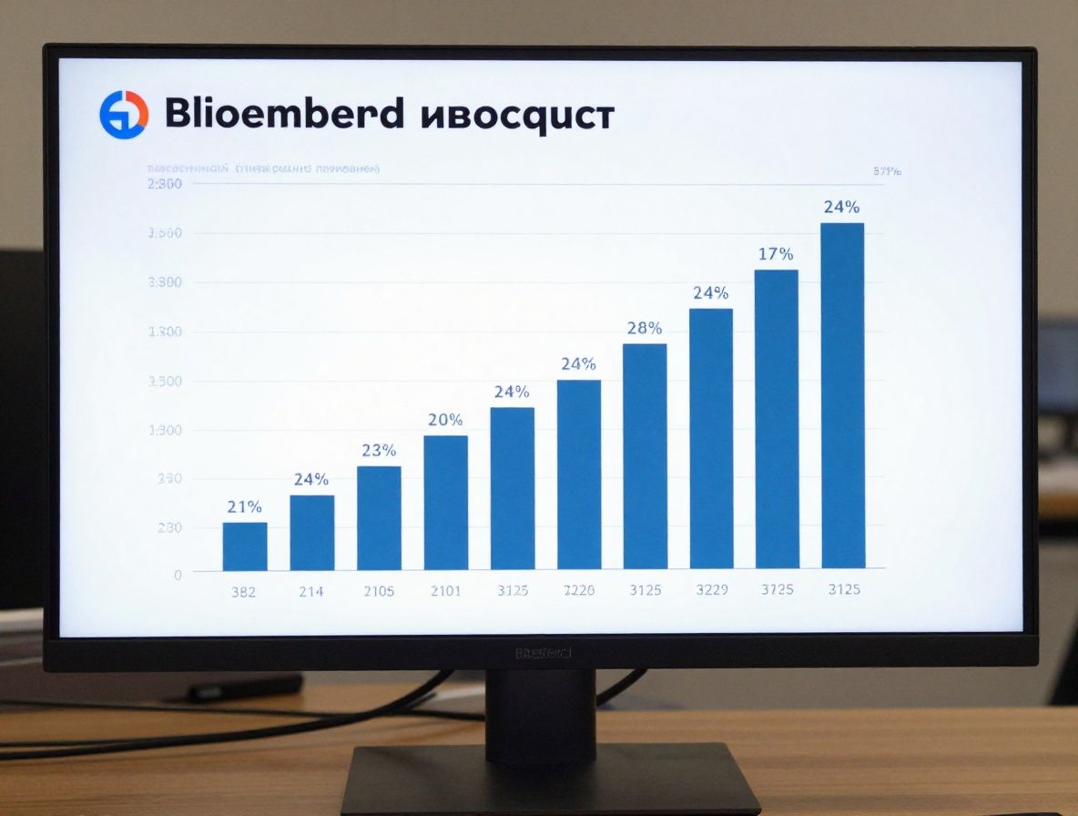 Финансовые графики роста инвестиций в технологические компании с символикой искусственного интеллекта на экране Bloomberg терминала