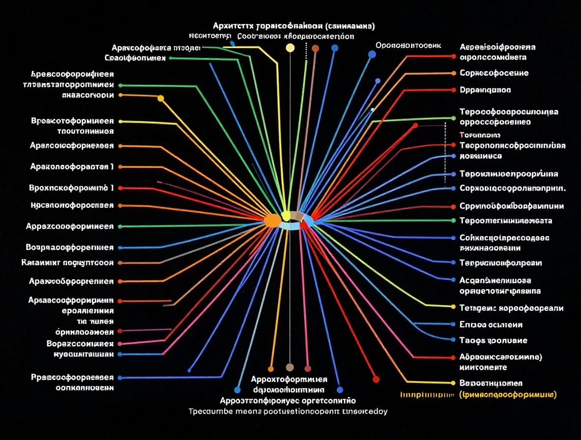 Визуализация архитектуры трансформера с цветными линиями внимания между токенами текста на тёмном технологическом фоне