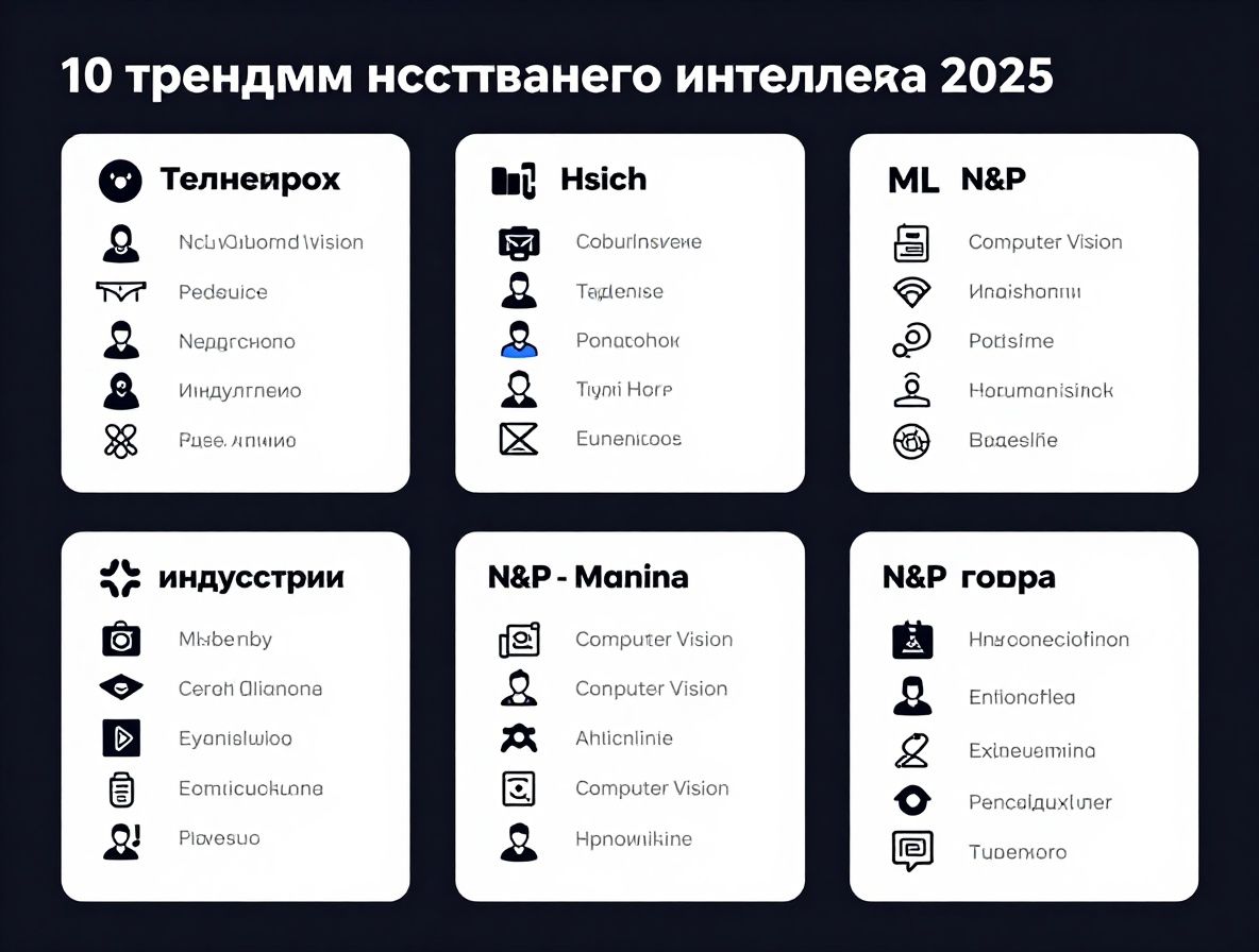 Инфографика с трендами искусственного интеллекта 2025 года: графики роста, иконки технологий на тёмном фоне