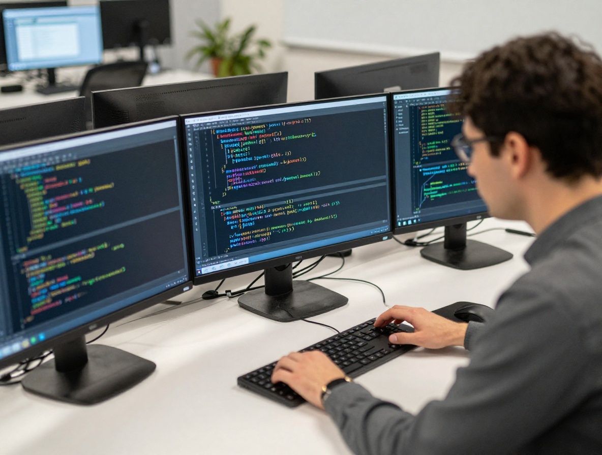 Учёный данных анализирует графики машинного обучения на нескольких мониторах с кодом Python и визуализацией данных