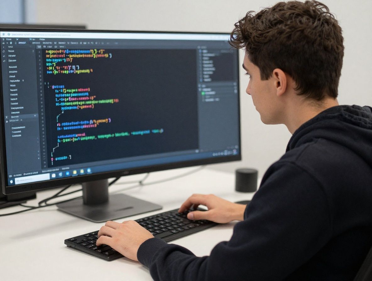 Студент в наушниках учится онлайн через ноутбук, на экране отображается интерактивный курс по машинному обучению