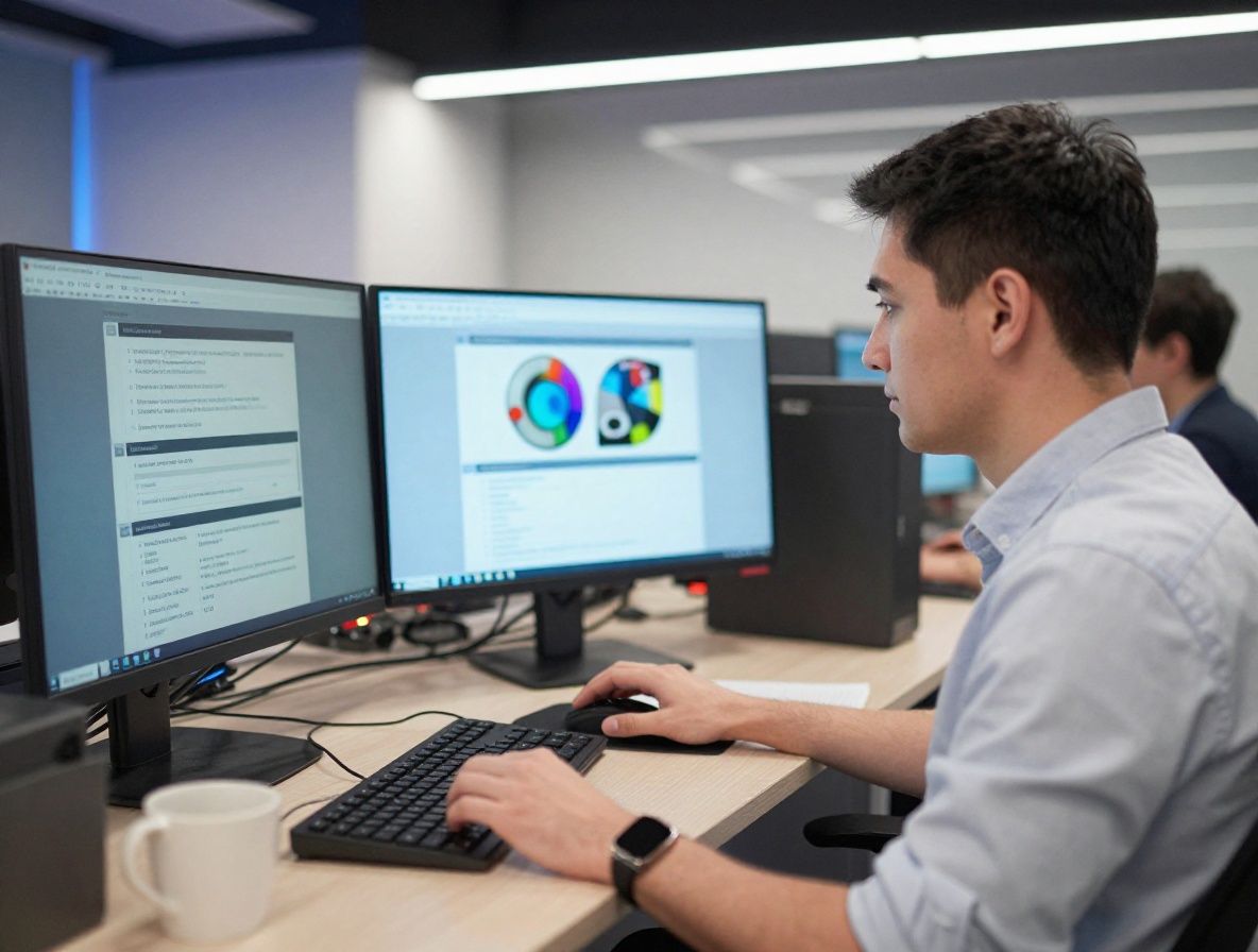 Специалисты по искусственному интеллекту работают за ноутбуками в современном технологическом офисе с большими мониторами и синей неоновой подсветкой